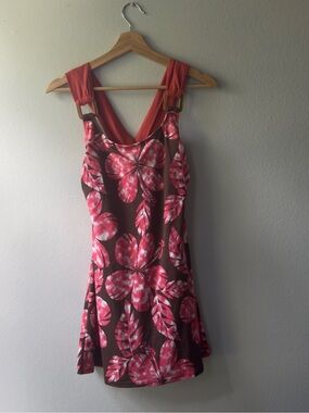 Islander Brown Mini Dress bathing suit with Coral Pink Floral Print